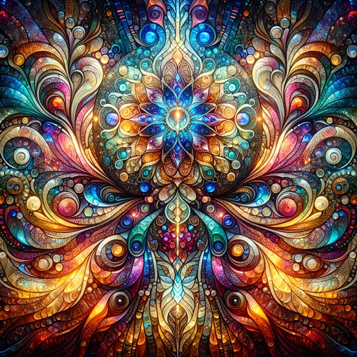 Prompt: (Psychedelic art style), stained glass design, vibrant color scheme, intricate patterns, luminous effects, kaleidoscopic textures, rich jewel tones, dynamic contrasts, flowing shapes, surreal and dreamlike ambiance, high depth detail, glossy finish, dazzling light play, captivating and mesmerizing uniqueness, artistic masterpiece, ultra-detailed, 4K quality.