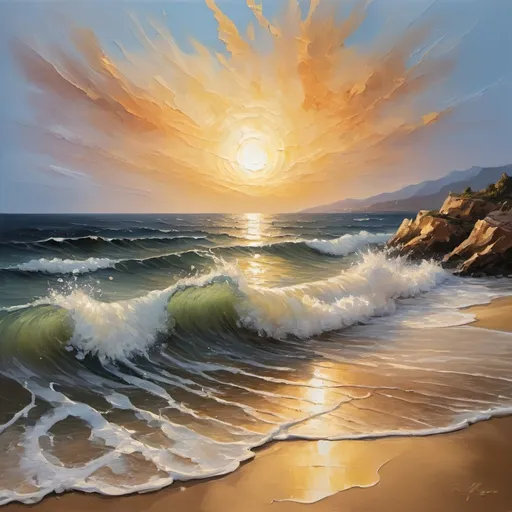 Prompt: (thick impasto oil painting), dramatic seaside scene, vibrant colors, textured bumpy paint strokes, swirling waves, golden sand, sunlit sky casting warm light, evoke feelings of serenity and vitality, captivating contrast between smooth and rough textures, ultra-detailed depiction, a masterpiece of energetic artistry, creating a visual experience that draws the viewer in.