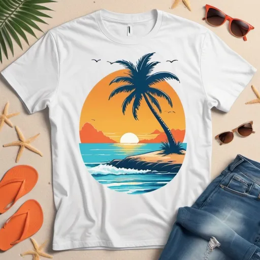 Prompt: Illustrated T-shirt design of a small island with a palm tree