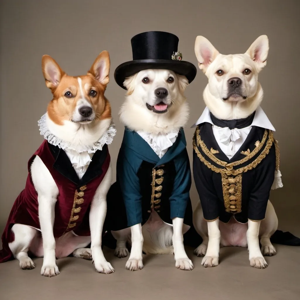 Prompt: dogs dressed as nobles of 1800s