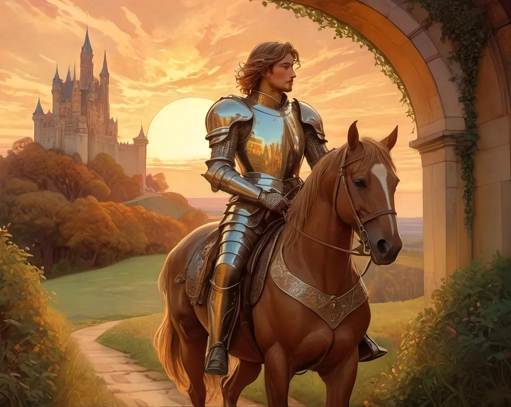 Prompt: (noble knight Sir Jon), returning to his majestic castle, clad in ornate armor, a distant castle silhouette against a setting sun, warm golden hues reflecting on the stony path, nostalgic atmosphere, serene landscape with lush greenery, dramatic sky filled with gradient colors, ultra-detailed, cinematic view, heightened sense of adventure and honor.