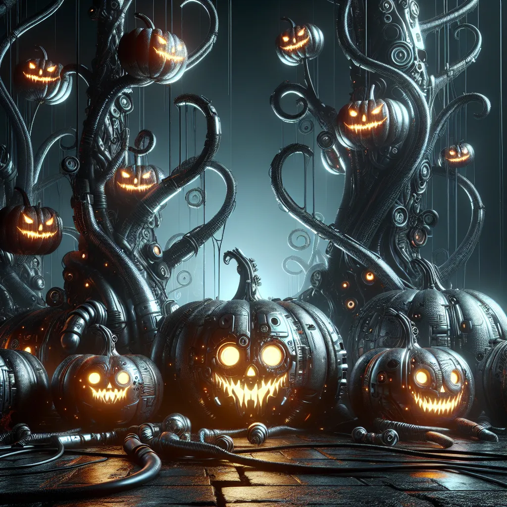 Prompt: (futuristic-biomechanical style), spooky Halloween pumpkin patch, (dark color scheme), eerie atmosphere, glowing pumpkins with unsettling faces, twisted vines and metallic components, haunting shadows, intricate mechanical details interwoven with organic elements, a chilling mist surrounding the ground, (4K), ultra-detailed, chilling ambiance, surrealistic and nightmarish vibe.