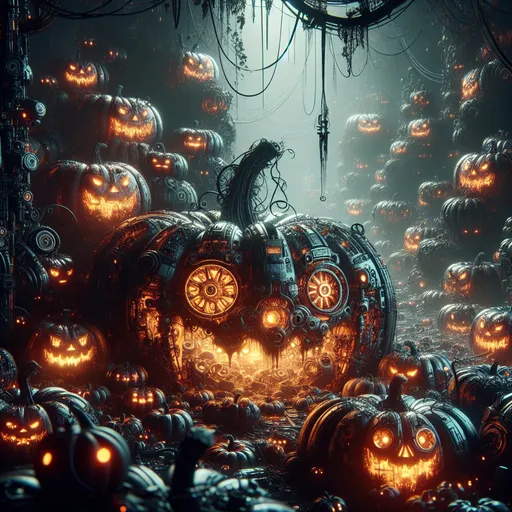 Prompt: futuristic-biomechanical spooky Halloween pumpkin patch, (dark color scheme), eerie atmosphere, glowing pumpkins with intricate mechanical details, shadowy figures lurking, dense fog enveloping the ground, high contrast lighting, (ultra-detailed), hauntingly vibrant textures, decaying machinery intertwined with twisted vines, high-quality 4K, evokes a sense of mystery and intrigue.