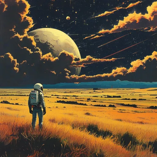 Prompt:  space cowboy, land, fields, detailed, dark colors, dramatic, graphic novel illustration,  2d shaded retro comic book