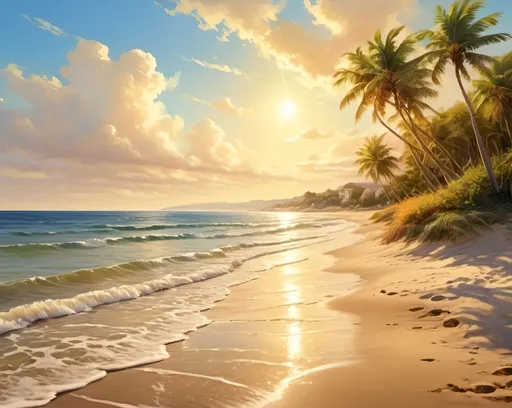 Prompt: (sunny seaside afternoon), vibrant colors, golden skies and soft fluffy clouds, gentle waves lapping at the shore, inviting sandy beach, warm sunlight casting playful shadows, serene and tranquil ambiance, palmy trees swaying softly, high-definition, ultra-detailed landscape, peaceful atmosphere, perfect for relaxation and daydreaming.