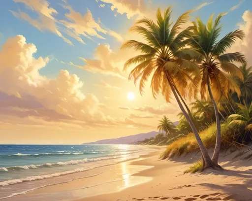 Prompt: (sunny seaside afternoon), vibrant colors, golden skies and soft fluffy clouds, gentle waves lapping at the shore, inviting sandy beach, warm sunlight casting playful shadows, serene and tranquil ambiance, palmy trees swaying softly, high-definition, ultra-detailed landscape, peaceful atmosphere, perfect for relaxation and daydreaming.