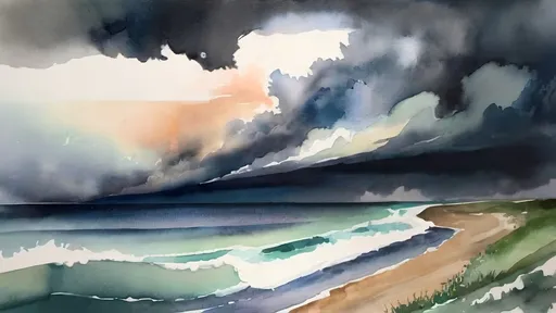 Prompt: watercolor, storm on the horizon,ocean view