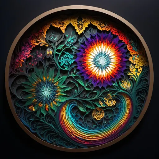 Prompt: (Psychedelic art style), stained glass design, vibrant color scheme, intricate patterns, luminous effects, kaleidoscopic textures, rich jewel tones, dynamic contrasts, flowing shapes, surreal and dreamlike ambiance, high depth detail, glossy finish, dazzling light play, captivating and mesmerizing uniqueness, artistic masterpiece, ultra-detailed, 4K quality.