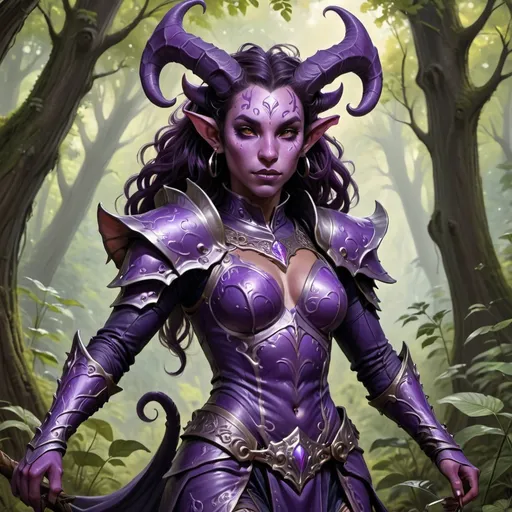 Prompt: Visualize a striking purple paladin tiefling female standing confidently in a lush forest clearing, the dappled sunlight filtering through the towering trees, casting ethereal patterns on her vibrant skin. Her dark hair cascades down her back, under her downward curved horns, contrasting beautifully with her lavender-toned complexion, while piercing dark eyes emanate a fierce determination. Clad in ornate armor with intricate silver chain mail, she grips a gleaming, intricately designed sword that catches the light in a dazzling display. The air around her is thick with tension, as if she is preparing for an impending challenge. Wisps of mist swirl at her feet, adding an otherworldly allure to the scene. This epic moment is captured in cinematic lighting, enhancing the paladin’s noble stance as she embodies the spirit of courage and strength.