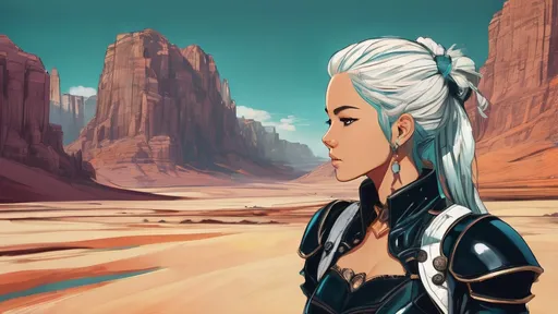 Prompt: cinematic scenic high contrast teal and orange desert background,

sunny, windy, strong wind,

hyperdetailed pastel color melancholy cute 2D anime girl, hyperdetailed black leather steampunk armor, hyperdetailed intricate beautiful cheerful face, cheerful, blonde fluffy ponytail hair,

character concept, colorful, symmetrical sunlight, digital ink painting, symmetrical splash ink art,

hard and thick pencil strokes, hard and thick pencil outlines, digital pencil, anime style, fantasy style, inspired by final fantasy, 2D anime style,

centered, middled,