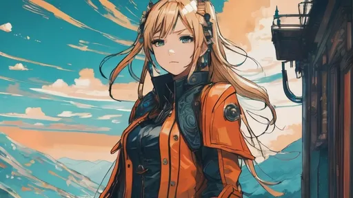 Prompt: vast scenic high contrast teal and orange background,

at noon, long shot, wide view, view from below,

hyperdetailed pastel color melancholy cute 2D anime girl, hyperdetailed black leather steampunk armor, hyperdetailed intricate beautiful cheerful face, cheerful, blonde fluffy ponytail hair,

standing, windy, strong wind,

character concept, colorful, symmetrical sunlight, digital ink painting, symmetrical splash ink art,

hard and thick pencil strokes, hard and thick pencil outlines, digital pencil, anime style, fantasy style, inspired by final fantasy, 2D anime style,

centered, middled,