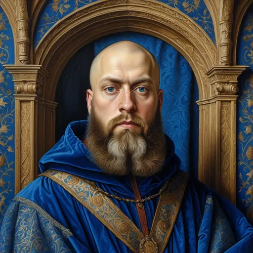 Prompt: Portrait Painting of a bearded medieval man in luxurious, regal blue robes background by Van Eyck,amazingly intricate,detailed background