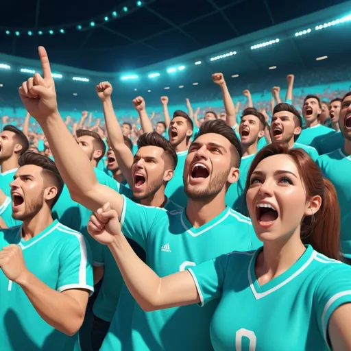 Prompt: Football fans cheering, cyan shirts, stadium atmosphere, detailed faces, high energy, vibrant colors, dynamic poses, realistic, 3D rendering, stadium lights, enthusiastic crowd, professional production, high quality, energetic, vibrant, detailed faces, dynamic poses, realistic, 3D rendering, stadium lights