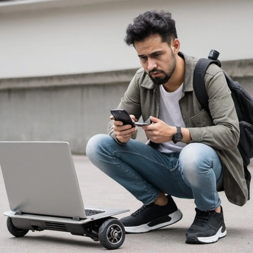 Prompt: Anxiety man, electric scooter, broken mobile phone, laptop, table