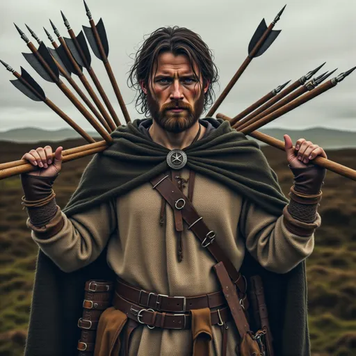 Prompt: A rugged warrior stands defiantly in a misty landscape, embodying strength and determination. His long hair and full beard frame a chiseled face marked by a fierce glare, suggesting a readiness for battle. Draped in a dark cloak, he carries an impressive array of spears on his shoulders, hinting at his skill as a javelin thrower. The earthy tones of his garments contrast with the muted, overcast sky, enhancing the solemn yet heroic atmosphere. This striking composition evokes a sense of timeless bravery, embodying the spirit of a bygone era in a dramatic, natural setting.
