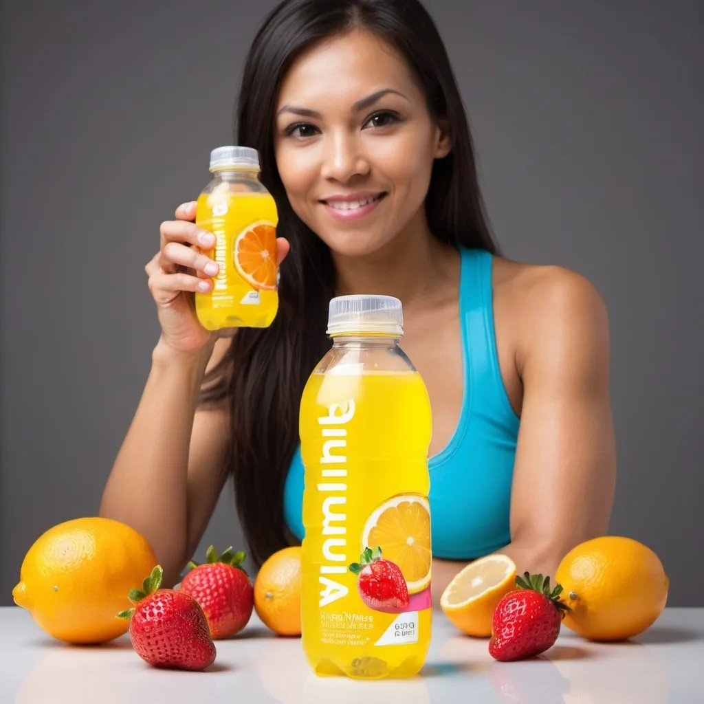 Prompt: fitness enthusiast endorsing healthy drink called Vitamine Water in lemon, orange, strawberry and lychee flavour. representing fitness and healthy lifestyle. 