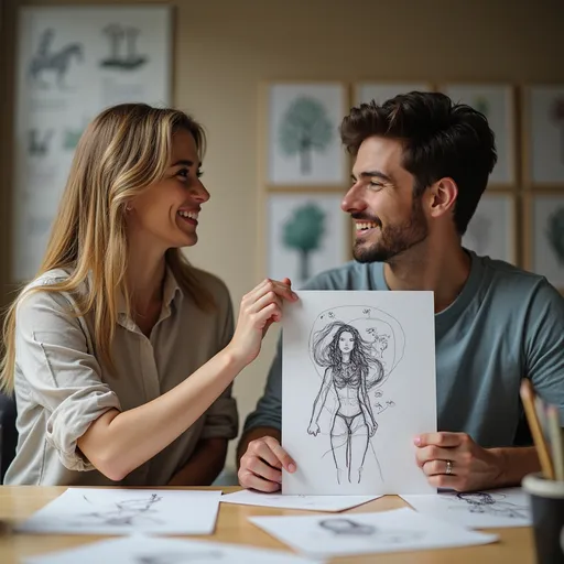 Prompt: A man and a woman in a couple showing each other a sketch they drew of each other in a class