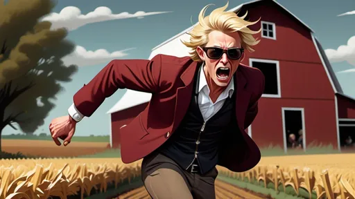 Prompt: (cartoon character running for their life), male individual in a frantic pose, farm setting, dark and moody background,wearing a dark red blazer, slacks, and sunglasses, with blonde hair, black zip up vest, no tie, white undershirt expressive facial features showcasing fear, agricultural elements like barns and crops, dramatic shadows, muted color palette with hints of vibrant colors to highlight movement, dynamic and energetic atmosphere, (ultra-detailed), (high quality)