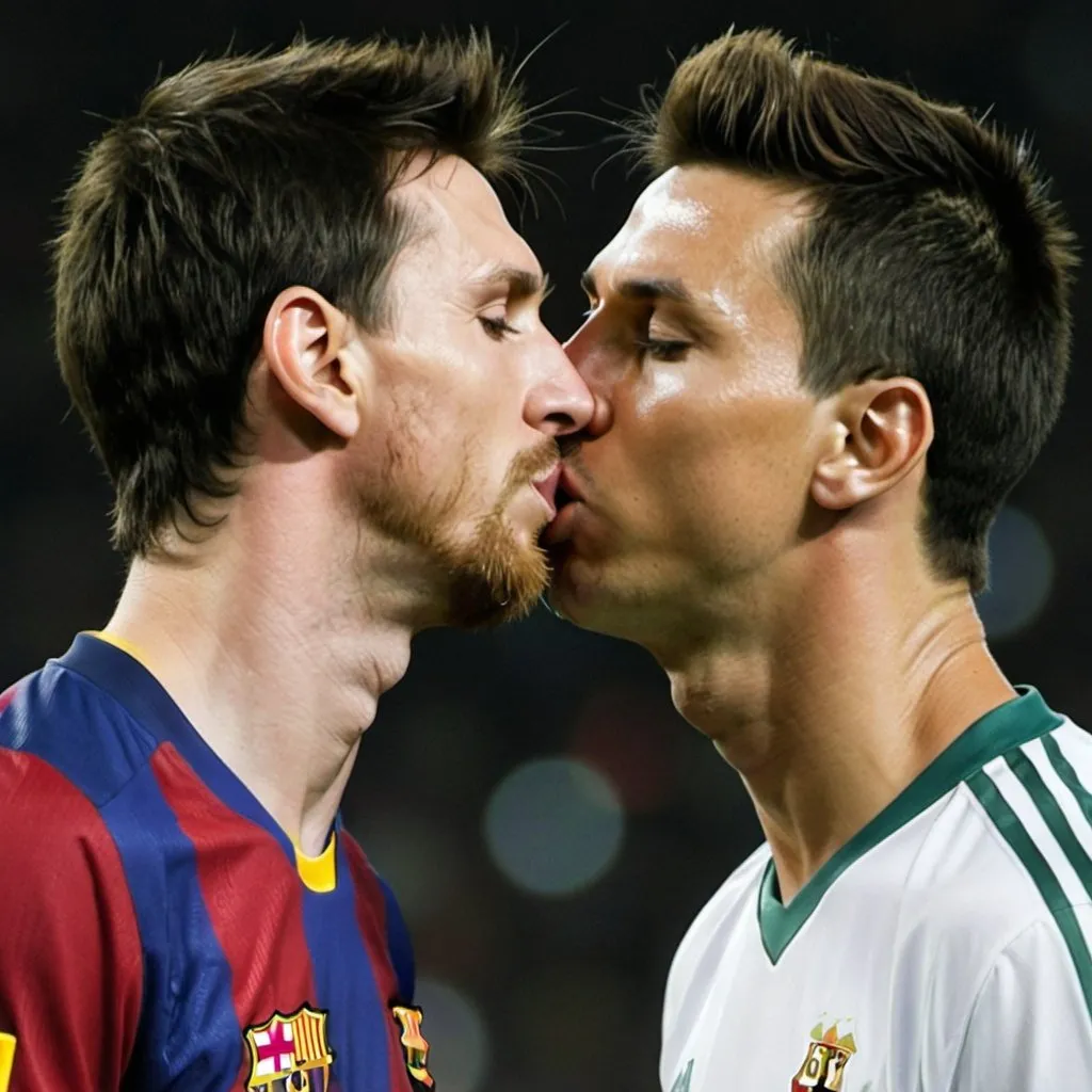 Prompt: lionel messi kissing christiano  ronaldo