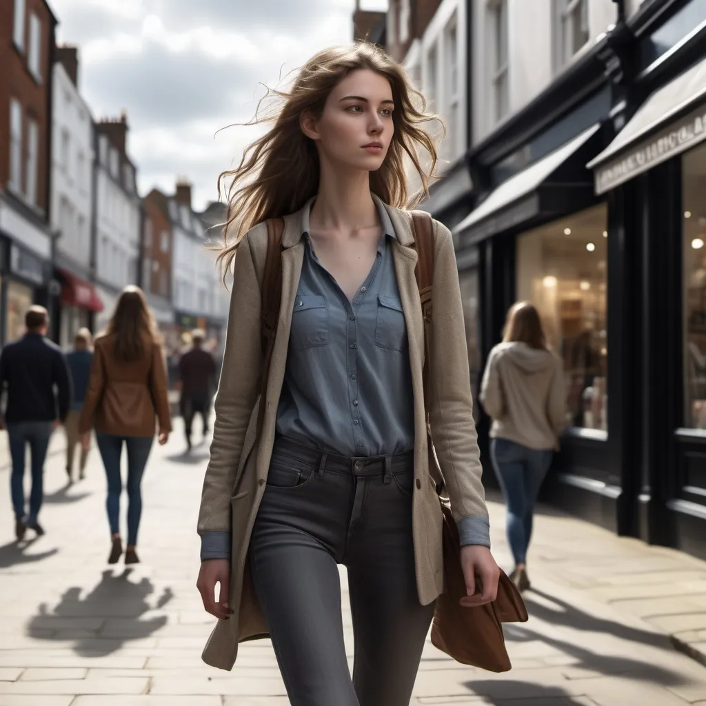 Prompt: Tall young woman walking down the high street, detailed clothing, realistic, natural lighting