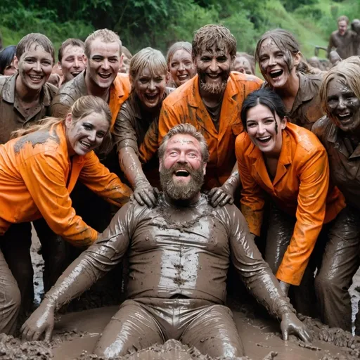 Prompt: A photo of a group of people covered in mud, pulling out a dead large man with a beard, his eyes are wide open and a stiff smile, he is wearing a metallic orange suit, his arms on his sides and torso are out of the hole