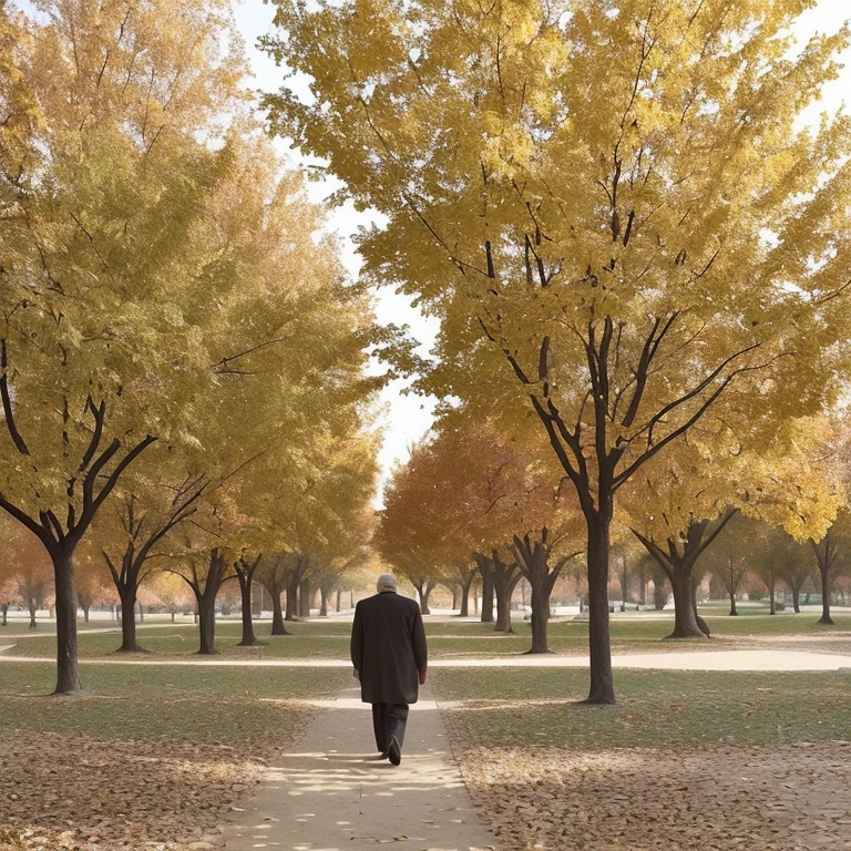 Prompt: A man of early 50s walking at a park during fall season. The park is in Tashkent. 