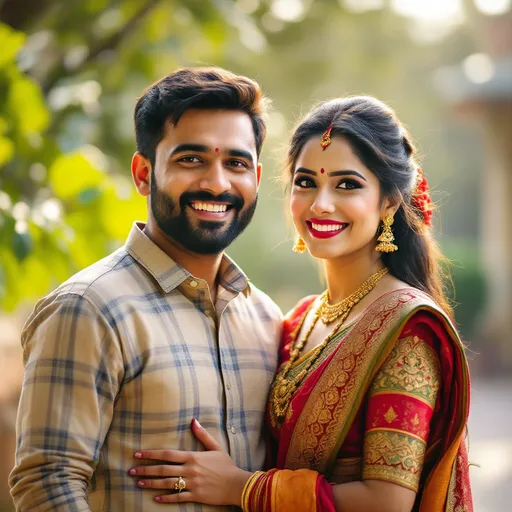 Prompt: Radiating joy, a man and a woman stand closely together, their smiles warm and inviting against a softly blurred outdoor background. The man, sporting a checked shirt that reflects shades of blue and beige, beams with pride, while the woman beside him is adorned in a traditional outfit featuring intricate patterns and rich colors, complemented by elegant gold jewelry that enhances her graceful appearance. Her hair is styled neatly, and her expression conveys confidence and serenity, marked by a subtle red bindi on her forehead. The scene captures a moment filled with warmth and connection, illuminated by soft sunlight filtering through nearby trees, creating a pleasant atmosphere that celebrates togetherness.