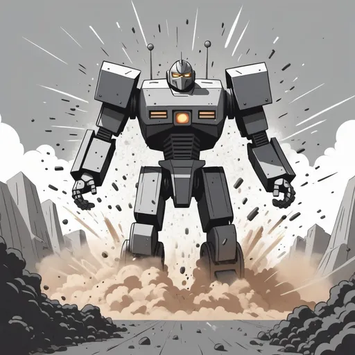 Prompt: A dynamic 2D impact dust explosion, reminiscent of a giant robot landing from the sky. The impact should be powerful, with debris and dust clouds billowing upwards with strong velocity. Use a cartoon style with bold lines and posterized colors, transitioning in steps from deeper grey to light grey to white. Focus on the sense of impact and upward motion.