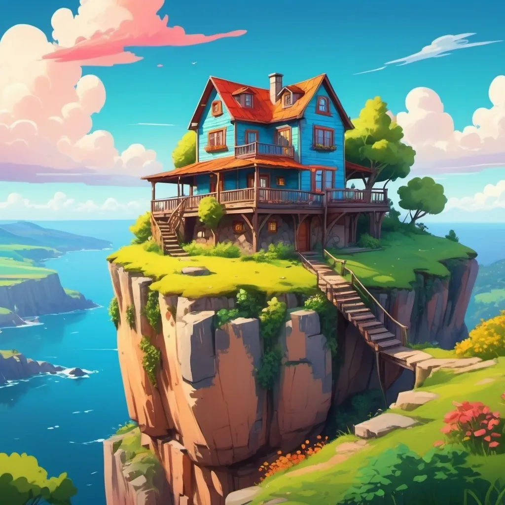 Prompt: A rustic house on a cliff in a cartoon style