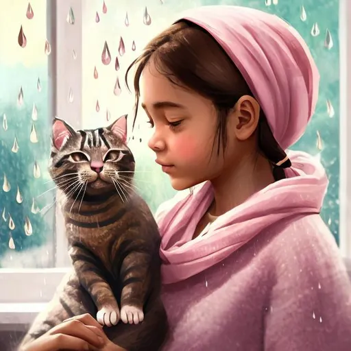 Prompt: "Create an AI-generated image of a girl in a headscarf with a cat, positioned by a window during a rainy day. Envision a scene that portrays the serene and cozy atmosphere of the moment, capturing the essence of the girl's connection with the cat and the ambiance created by the rain outside."