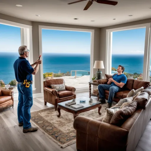 Prompt: high end house living room with a ocean view and a contractor person talking to a handyman