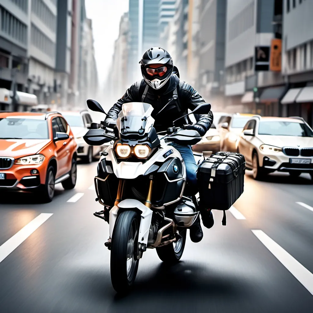 Prompt: A very equipped Guy rinding a BMW GS Adventure between cars in a heavy traffic in a major city. The point is to show an image of motorcycle not being affected by the traffic