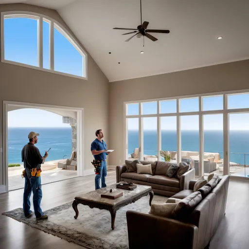 Prompt: high end house living room with a ocean view and a contractor person talking to a handyman