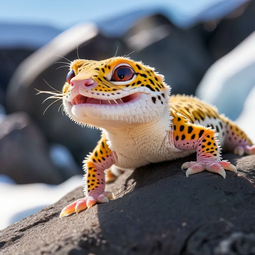 Prompt: a Leopard gecko sun bathing in Antarctica