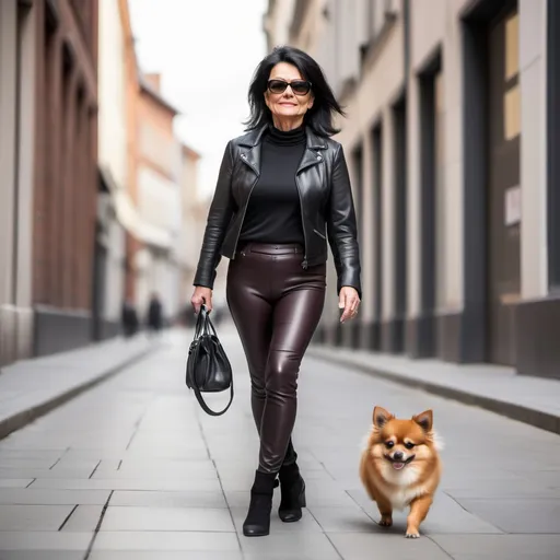 Prompt: 50 years old black haired woman in leather leggings walks a pomchi