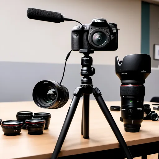 Prompt: Camera tripod and a separated  mic with some lenses on the table
