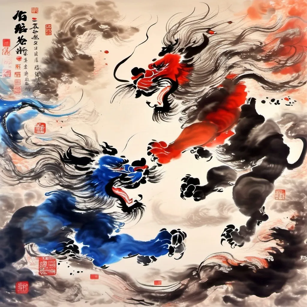 Prompt: Chinese ink painting, turbulent and strong wind, there are two lions, red and blue, fighting in the middle of the painting. The painting is majestic and full of oriental aesthetics.