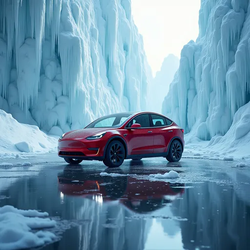 Prompt: Tesla Model Y, (stunning reflection), (surreal winter landscape), vast expanse of dripping ice, surrounded by crystalline snow, magnificent and spectacular atmosphere, cool tones highlighting the bright gleam of the vehicle, ultra-detailed, high quality, 3DMAX rendering, dynamic lighting emphasizing the ice textures, a sense of tranquility and awe.