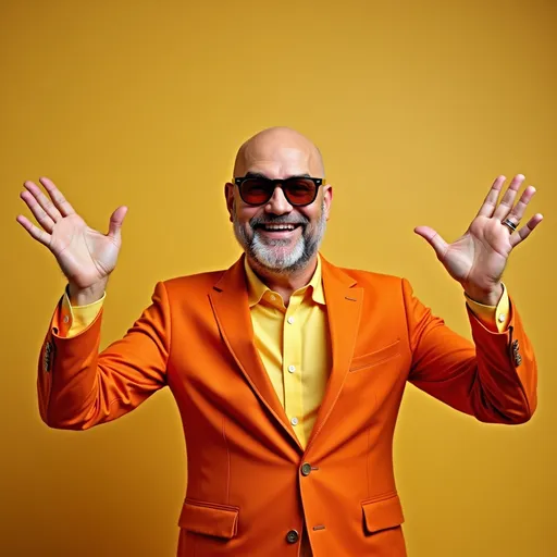 Prompt: A bald man in sunglasses with open arms and a relaxed expression, this man is wearing an orange suit, which is super realistic