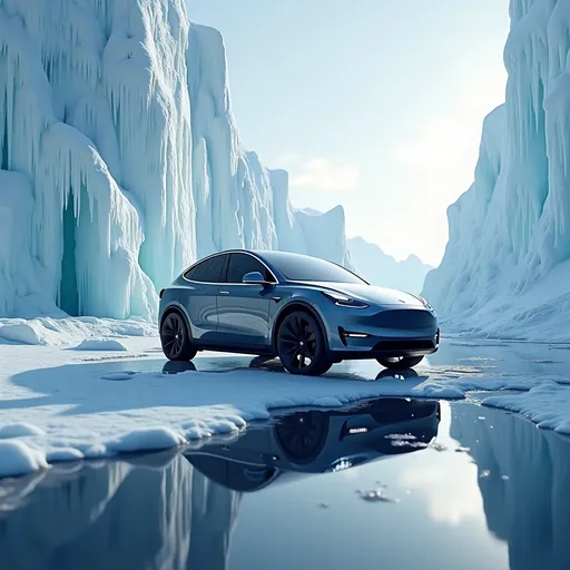 Prompt: Tesla Model Y, (stunning reflection), (surreal winter landscape), vast expanse of dripping ice, surrounded by crystalline snow, magnificent and spectacular atmosphere, cool tones highlighting the bright gleam of the vehicle, ultra-detailed, high quality, 3DMAX rendering, dynamic lighting emphasizing the ice textures, a sense of tranquility and awe.