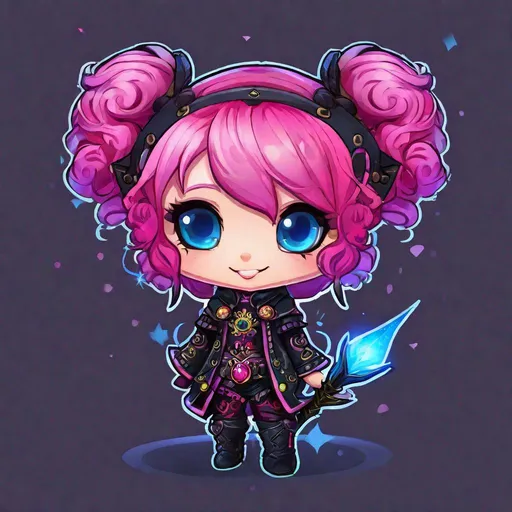 Prompt: black light art, art, artwork, (((full body view))) chibi, Blue eyes, pink hair, smiling, fluffy hair, tattoos, necromancer, highly detailed, HD Quality, mascot logo