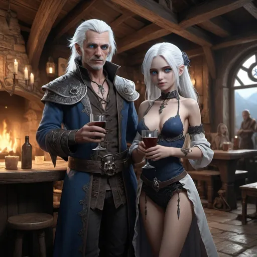 Prompt:  couple, 8 yo Art, A fantasy inn where many races drink, 8k unity render, (((full body view))) white hair, little girl, blue eyes, necromancer, dark rituals, barely clothed,  HD Quality, produced at 8K Ultra HD, graceful, HDR, UHD, high res, 64k