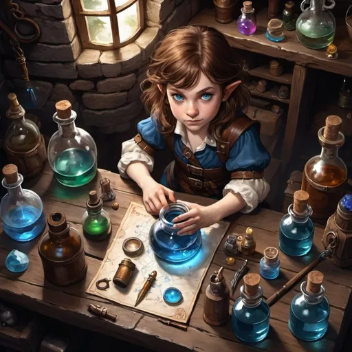 Prompt: Top down view from above 8 yo Art,   dungeons and dragons, fantasy art, Halfling female, alchemist, brown hair,  blue eyes, workshop with magic potion, alchemy workshop, potion and bottles, alchemy instruments, no magic effect

