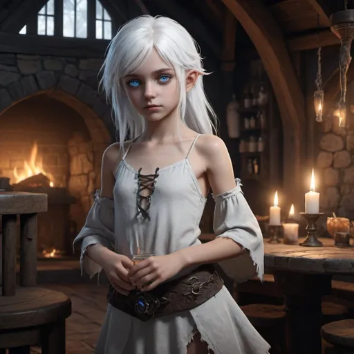 Prompt:  8 yo Art, A fantasy inn where many races drink, 8k unity render, (((full body view))) white hair, little girl, blue eyes, necromancer, dark rituals, barely clothed,  HD Quality, produced at 8K Ultra HD, graceful, HDR, UHD, high res, 64k