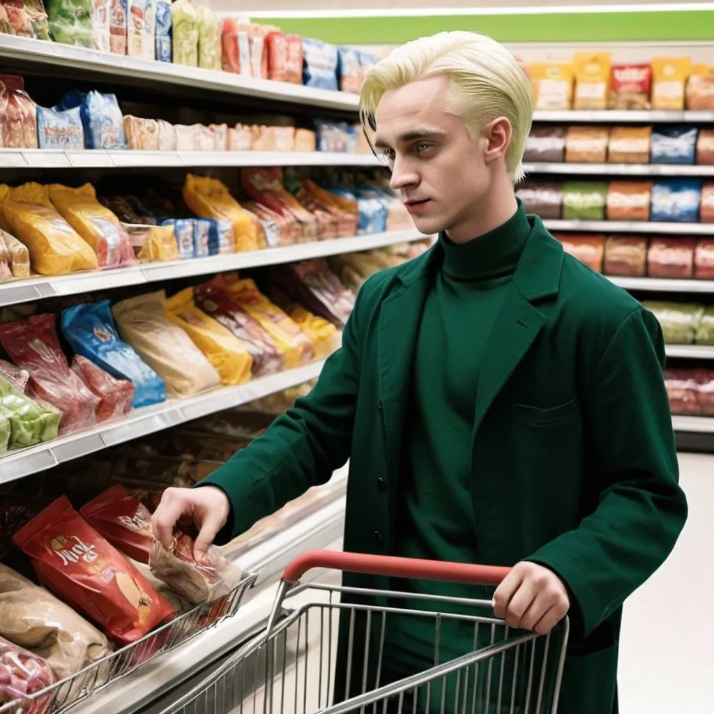 Prompt: Draco Malfoy buying snacks at the supermarket