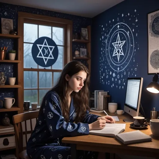 Prompt: A 20-year-old girl with dark brown hair, white skin, she wears dark blue pajamas, working with marketing at home on the computer, it's night and it's raining outside, on her study table there is coffee, the wall decoration is a Wiccan symbol