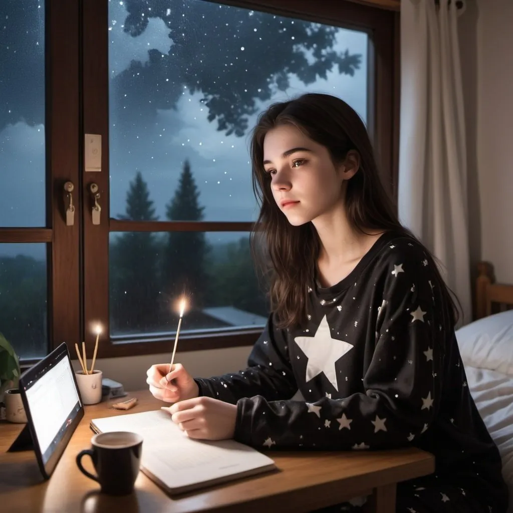 Prompt: A 20-year-old girl, with dark brown hair and white skin, in black pajamas with stars, watching her favorite series on the computer, it's raining outside and it's night, on the study table there's coffee, there's an incense stick in the window, an iPhone on the table