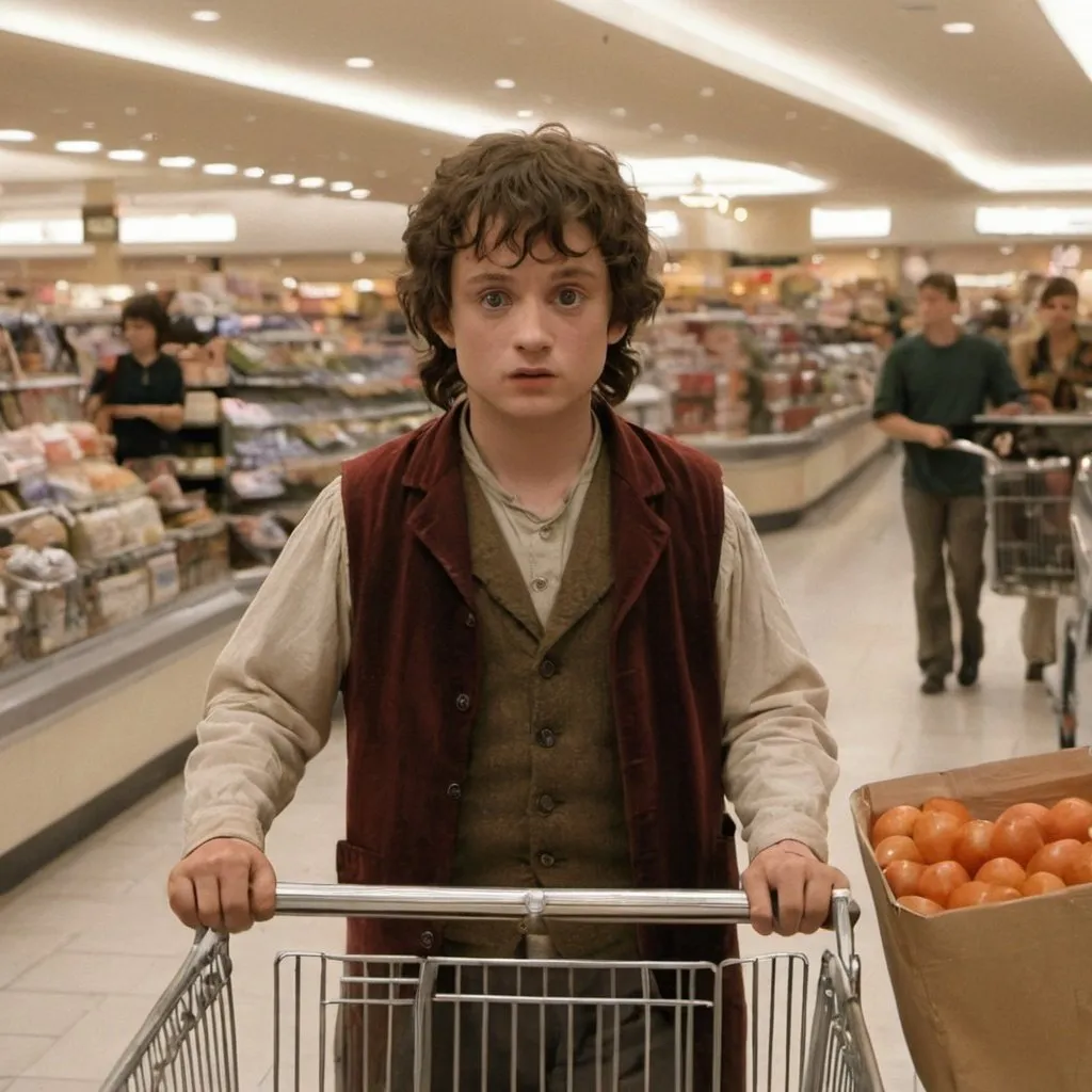 Prompt:  Frodo from the movie Lord of the Rings shopping in a shopping center