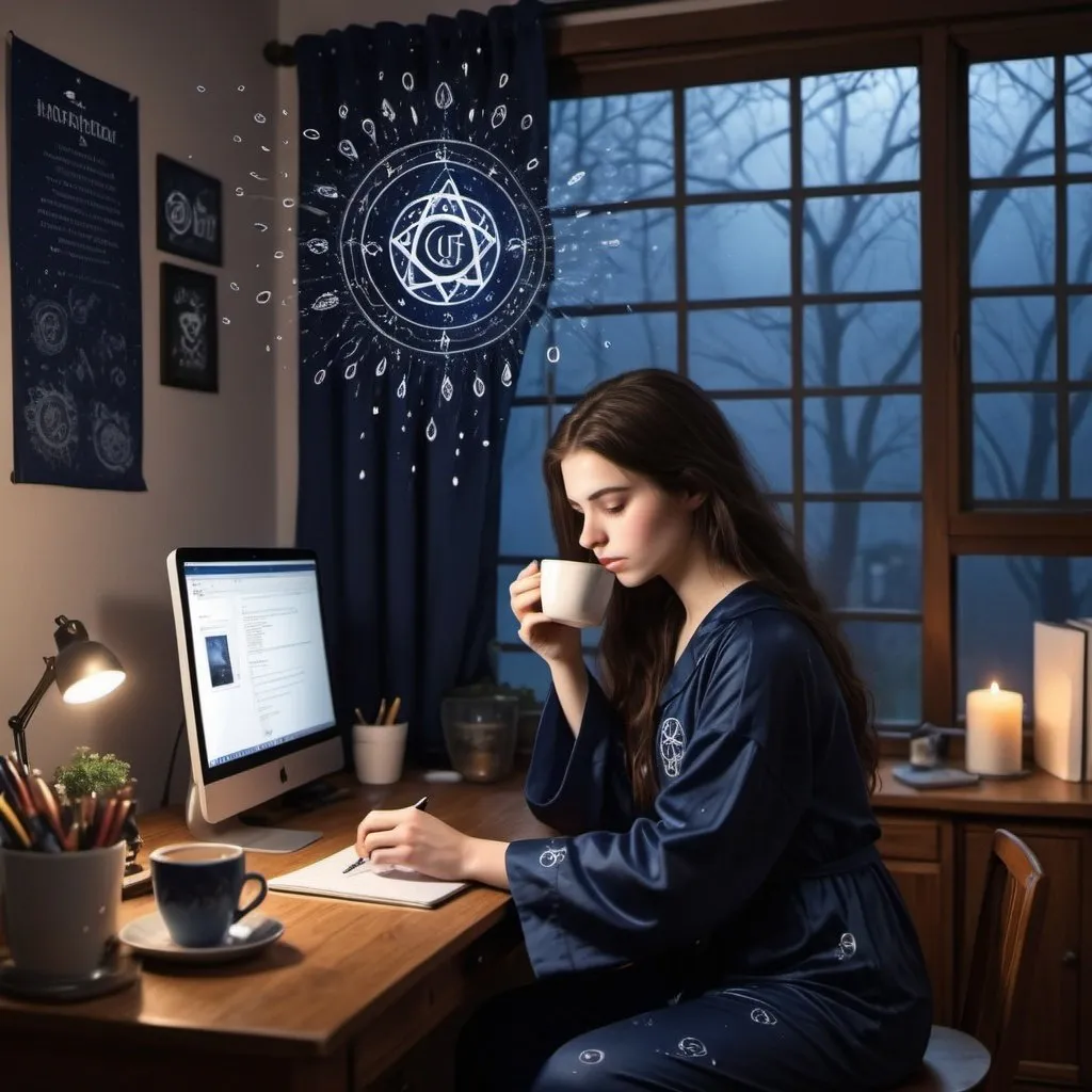 Prompt: A 20-year-old girl with dark brown hair, white skin, she wears dark blue pajamas, working with marketing at home on the computer, it's night and it's raining outside, on her study table there is coffee, the wall decoration is a Wiccan symbol