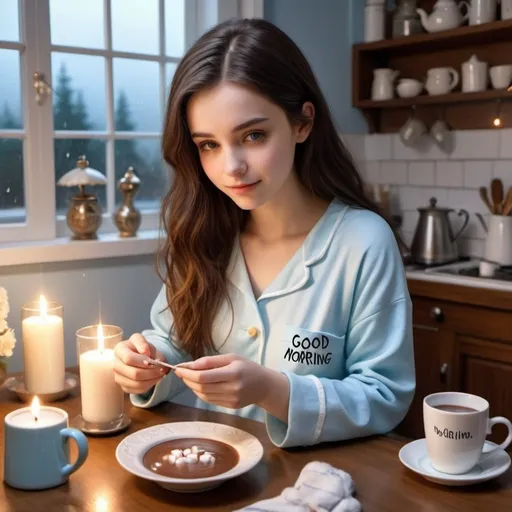Prompt: A 20-year-old girl, with dark brown hair and white skin, in light blue pajamas with "Good Morning Beautiful" written on it, working with advertising at home, it is raining and at night, there is hot chocolate on the table, there is a censer on the table, and an ornament fairy